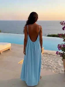 Women's Solid Color Cami Spaghetti Strap Loungewear Night Dress, Elegant Sleeveless Long Dress for Summer, Ladies Sleepwear for Indoor Wear