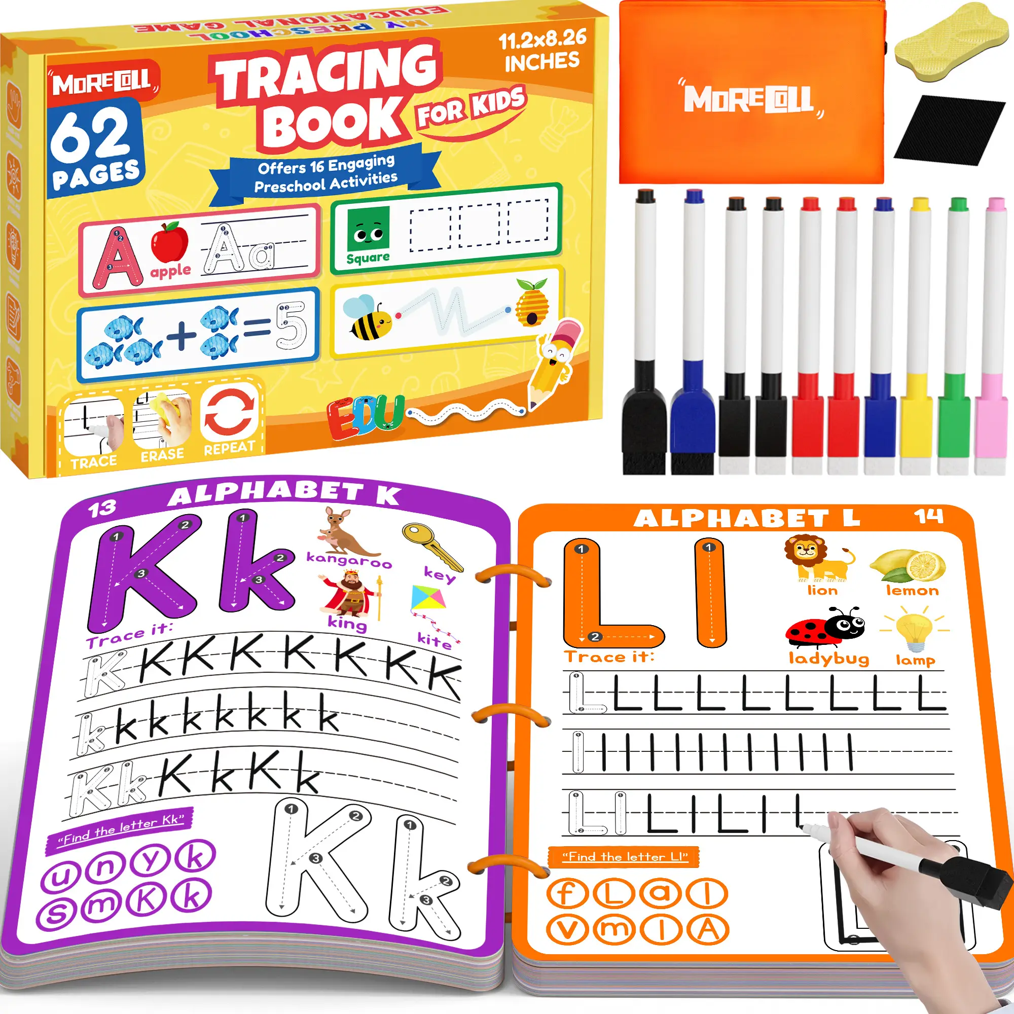 MORECOLL Preschool Learning Activities Educational Workbook, 62 Reusable Pages Pre Kindergarten Workbooks, Number Letter Tracing Books for Kids, Autis