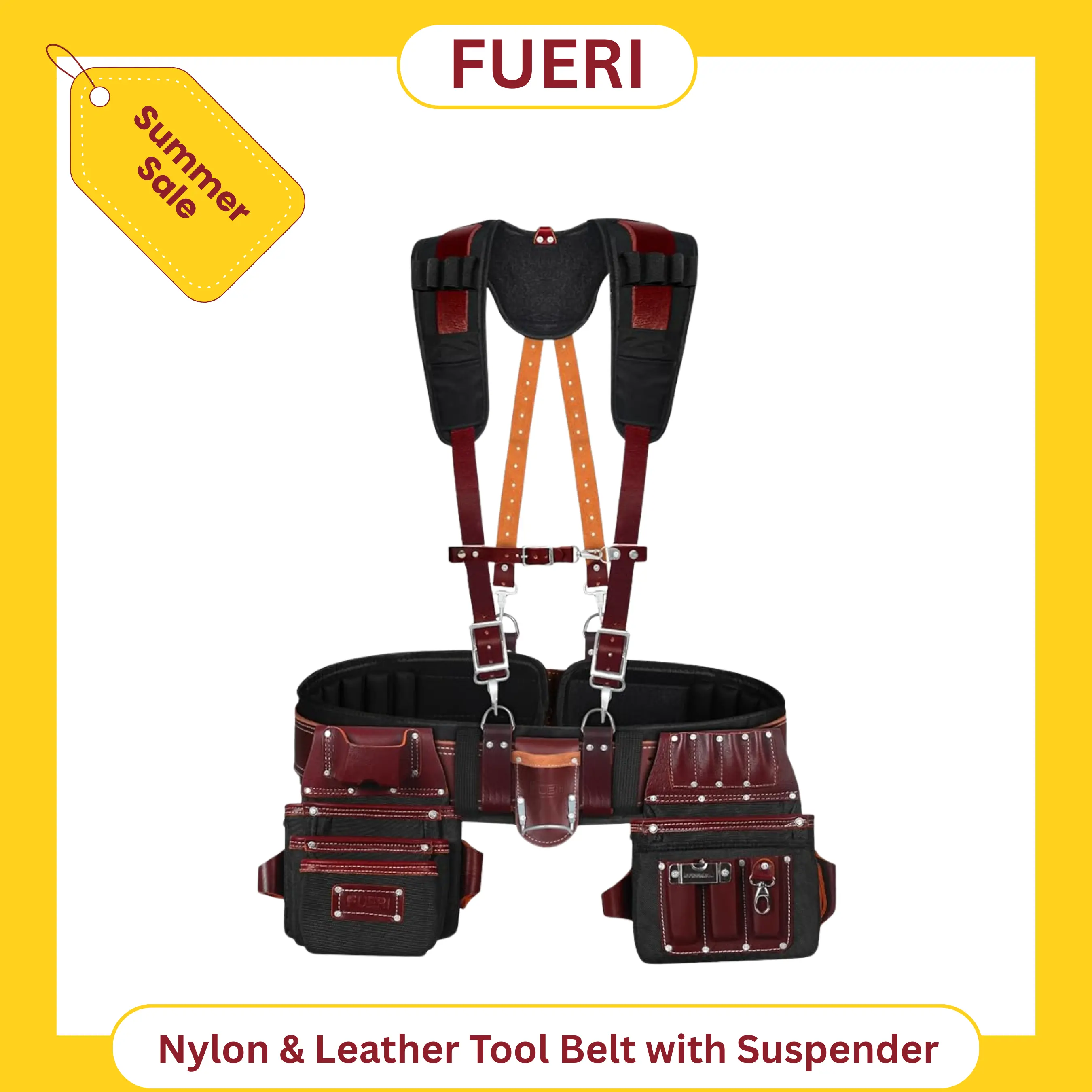 FUERI Men's Heavy-Duty Nylon & Leather Tool Belt Organizer with Suspender, 26 Pockets (Maroon & Black), Comfort Padded Belt, Spacious Pouches, Hammer Holder & Suspender Loops for Carpenters, Electricians, Tool Bag Organizer, Hands‑Free Carry