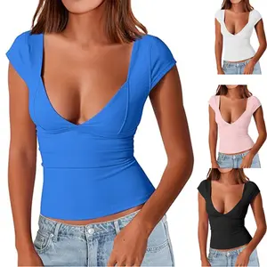 Fashionable women's sexy deep V-neck backless top short-sleeved slim T-shirt