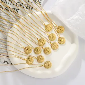 Titanium steel necklace golden round twelve zodiac coin relief necklace ladies daily wear gift