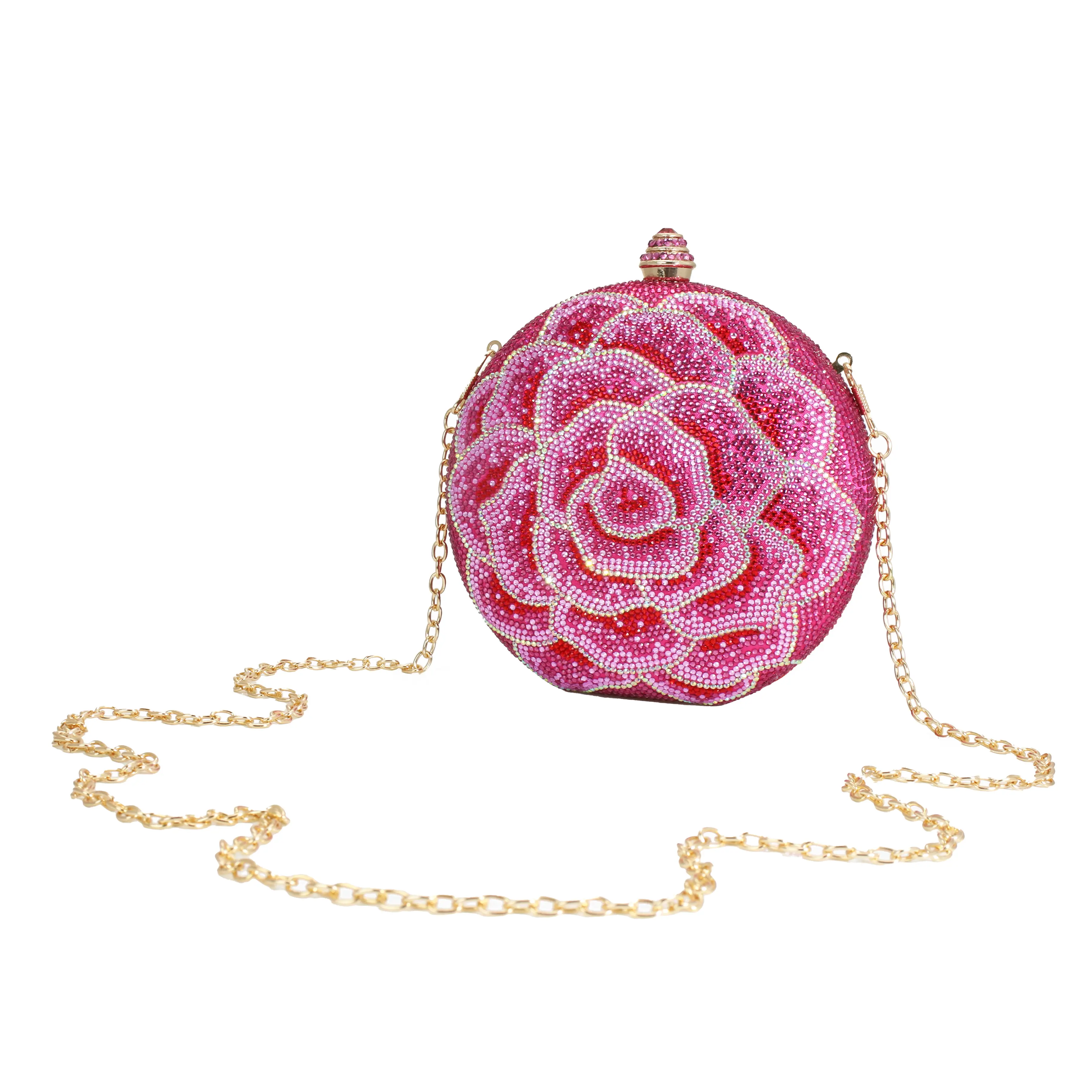 Women's Floral Rhinestone Clutch Purses Round Crystal Evening Handbags Rose Flower Diamond Crossbody Bag with Party Prom
