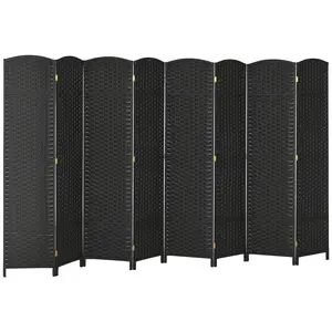 8 Panel Folding Room Divider – Black. 5.6' Tall Freestanding Partition. Hand-Woven PP (Water Repellent + Tear-Resistant). Pine Frame + Arched Top