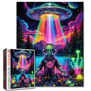 Tucocoo Neon Alien DJ Cosmic Lake 1000 Pieces Jigsaw Puzzle Psychedelic Space Music Scene Challenging Brain Game Stress Relief Relaxing Family Activity Wall Decor Gift for Adults Seniors 27.5x20inch 70x50cm