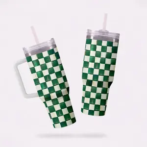 Mackenzie Childs Emerald Check Rambler 40 oz Tumbler with Handle and Straw Lid, Travel Mug Water Tumbler, Vacuum Insulated Cup with Handle, Stainless Steel