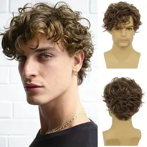 Men'S Short Curly Wavy Brown Wig - Heat Resistant Synthetic Hair, Black Dress-Up Costume Wig with Bangs for Halloween, Valentine'S Day, Mardi Gra-RT54