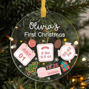 Personalized Baby’s First Christmas Ornament 2024 - Custom Birth Details Keepsake with Name, Weight, and Date - Newborn Holiday Decoration