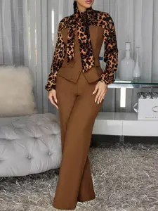 Women's elegant two-piece set, leopard print bow top with solid color pants, casual and sexy, slightly stretchy fabric, perfect for fashionable occasions