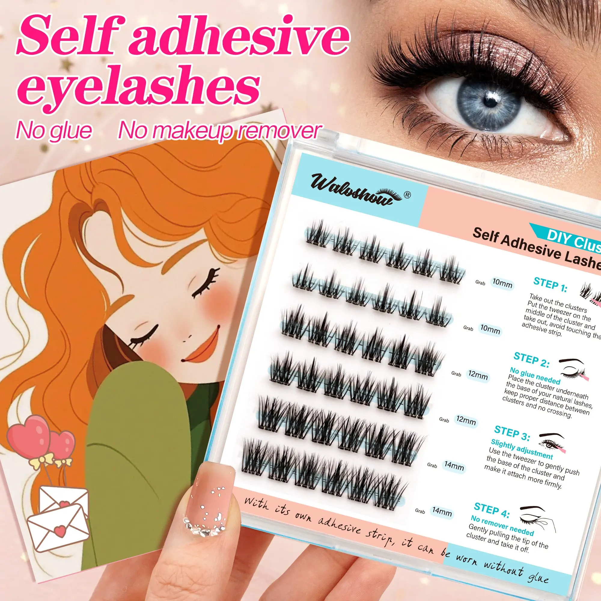 36 Cluster Self-Adhesive Eyelashes, Glueless Lashes Clusters, Cosmetic Eyelashes, DIY Manga Style, Naturally Thin Strip, Beginner-Friendly Faux Mink, No Glue Needed