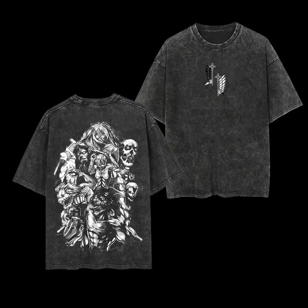 Men's Retro Heavy "TITAN" Attack On Titan Short-Sleeve Seamless Apparel, Double-Printed Vintage Oversized Washed Breathable Cotton T-Shirt, Unisex Gift For Anime Fans