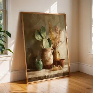 [sale off up to 40%] [Frame Canvas] Mexican Still Life Art Print, Cactus & Clay Pot Painting, Rustic Southwest Wall Art, Neutral Boho Decor, Southwestern Home Art, Frame Canvas