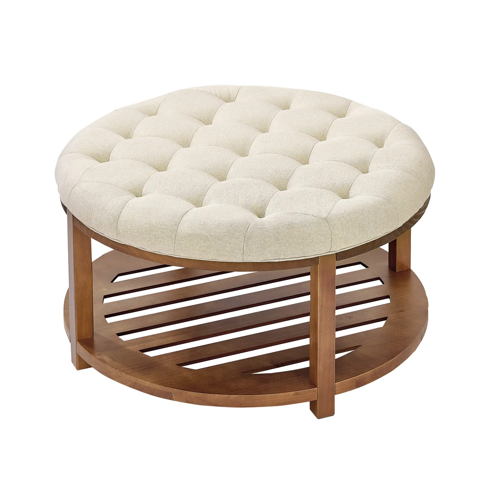 【SummerFinds】VEVOR Large Round Tufted Ottoman Coffee Table, 31.9 in Linen-Upholstered Footrest with Solid Wood Storage Shelf, 350 LBS Capacity for Living Room, Bedroom, Circle Coffee Tables