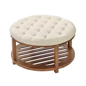 【Summervibes】VEVOR Large Round Ottoman Coffee Table, 31.9 Inch Tufted Coffee Table with Solid Wood Shelf Storage, Linen Solid Upholstered Footrest Ottoman for Bedroom Living Room, 350 LBS, Linen Color