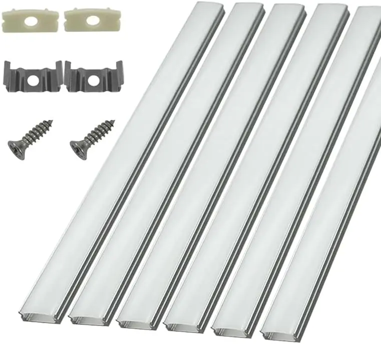 6-Pack U-Shape Metal LED Aluminum Channel System with LED Strip, 30cm/1ft 17.2x7mm, Cover, Diffuser, White End Caps, Mounting Clips - Easy Assembly, Good Heat Dissipation, Light Diffusion for Indoor Under Counter Light Fixtures