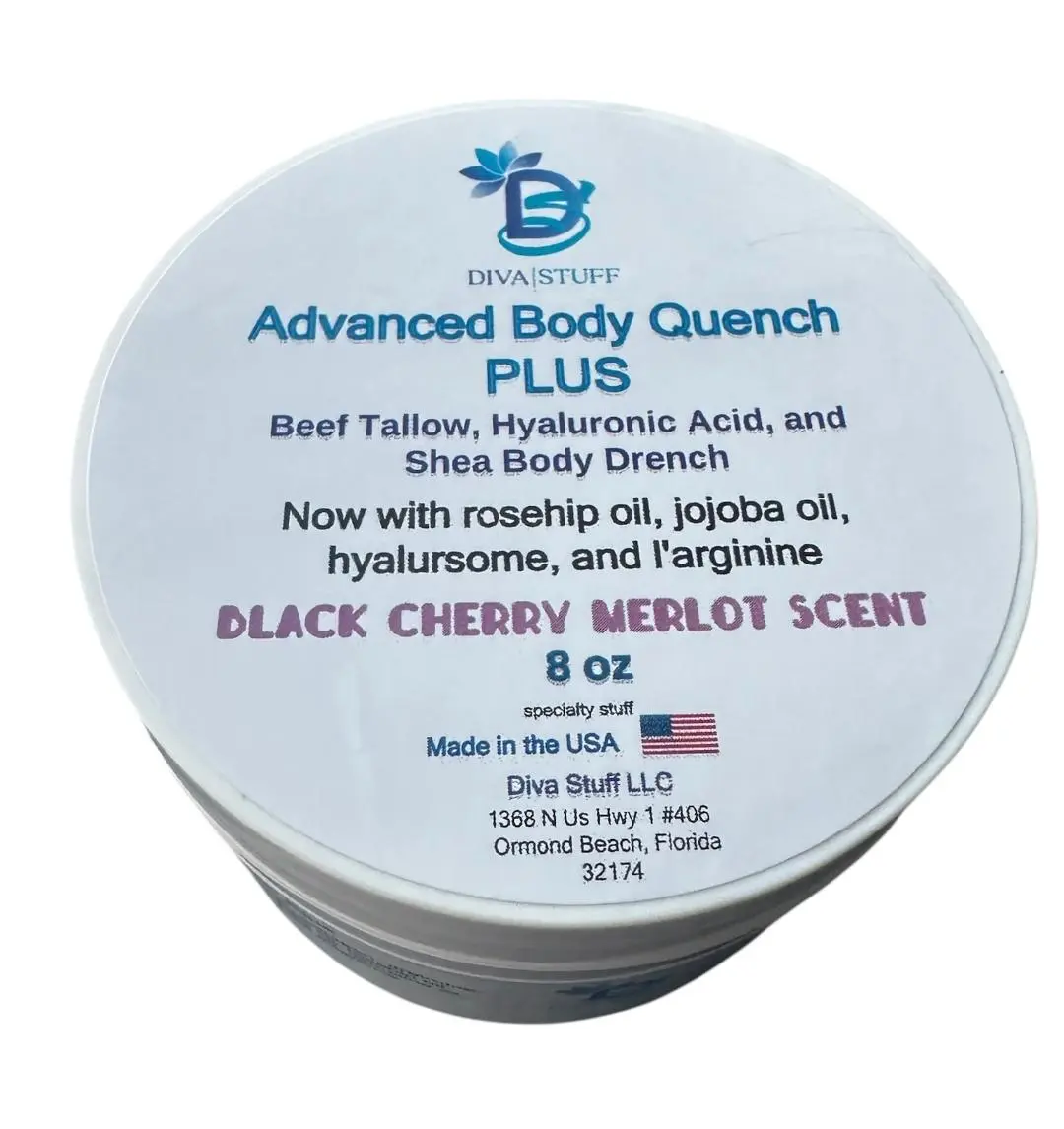 Diva Stuff Advanced Body Quench Plus Black Cherry Merlot Scent,  Bigger Size Jar Plus Rosehip Oil, Jojoba and Vitamin E,With Beef Tallow, Hyaluronic Acid, Shea Butter, Deep Hydration, Plumps, Smooths and Hydrates