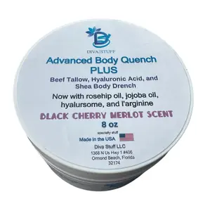 Diva Stuff Advanced Body Quench Plus Black Cherry Merlot Scent,  Bigger Size Jar Plus Rosehip Oil, Jojoba and Vitamin E,With Beef Tallow, Hyaluronic Acid, Shea Butter, Deep Hydration, Plumps, Smooths and Hydrates