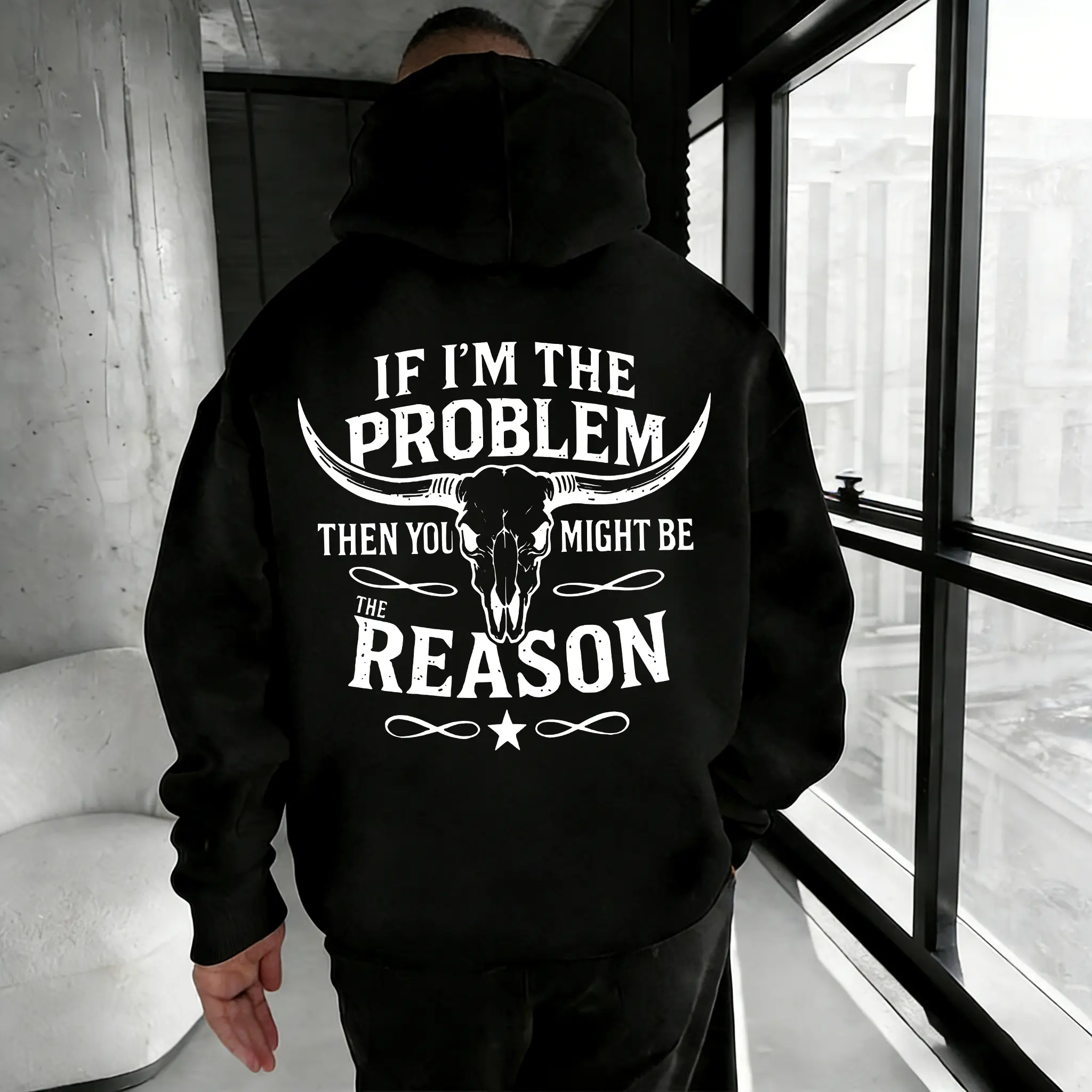 Menswear Cotton Breathable Long Sleeve Western Hoodie - 'If I’m the Problem Then You Might Be the Reason' Graphic Pullover, Bold Longhorn Skull, Country Rodeo Style Unisex Sweatshirt for Fall-Winter Casual Vibes, Tops, Sweatshirts