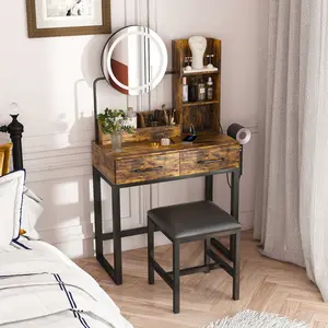 Small Makeup Vanity Desk with Large Mirror and Lights, Vanity Table with 2 Storage Drawer & Open Shelves, 3 Lighting Colors,LED Mirror Adjustable Brightness Brown Makeup Vanity