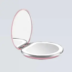 Pink Compact Mirror with LED Light, 1X/3X Magnification, USB Rechargeable, Compact Design for Travel & Everyday Use, Portable Pocket Mirror