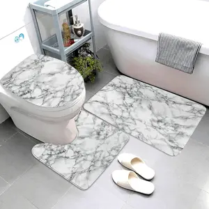Black White Marble Print 3 Piece Bathroom Rugs Set, Bath Mat + Contour Mat + Toilet Seat Cover, Non-Slip Soft Microfiber Bathmat for Tub Shower Room Decor, Machine Washable