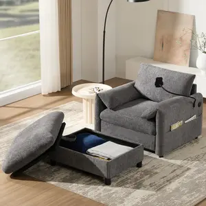 38" Single Sofa Chair with Storage Ottoman, Sleeper Sofa Bed with Adjustable Phone Holder, USB Charger, Side Storage Pockets, Pillow-Like Armrests, Wide Seat Chaise Lounge for Living Room&Apartment, Chenille, 4 Colors