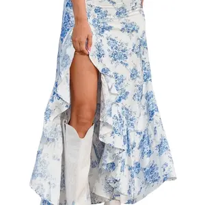 Summer Floral Print Ruffle Boho Maxi Skirt RCWJ05108 Women's Knit Bottoms High Waist Wide Leg Skirt - Hip