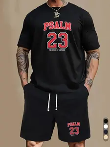 Two-Piece Set Men's Regular Fit Letter Print Short Sleeve Graphic Tee & Pocket Shorts Set, Casual Round Neck T-shirt & Shorts, Two-piece for Men