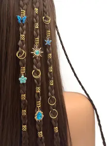 45pcs Fresh Ocean Breeze Hair Rings, Blue Butterfly, Camellia, Rhinestone & Starfish, Adjustable Alloy Hair Cuffs, Braids, Summer Hair Jewelry