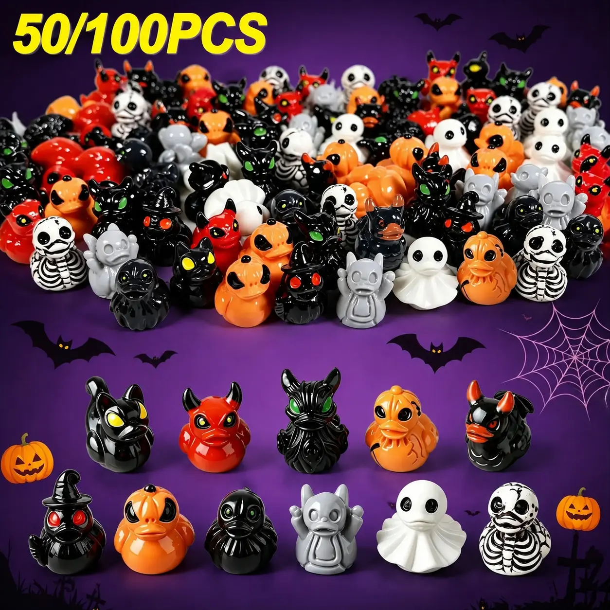 50pcs Halloween Mini Eco-Resin Duck Shapes Ornaments - 12-Style Waterproof Festive Party Favors, Home Table Decorations, Gift for Party Supplies