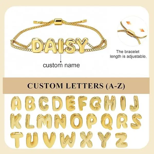 POMELO Custom 3D Bubble Name Bracelet, Unisex Medical‑Grade Stainless Steel Gold/Silver Plated Waterproof Personalized Bubble Letter Bracelet, Adjustable 6‑9 Inches Custom Jewelry Gift