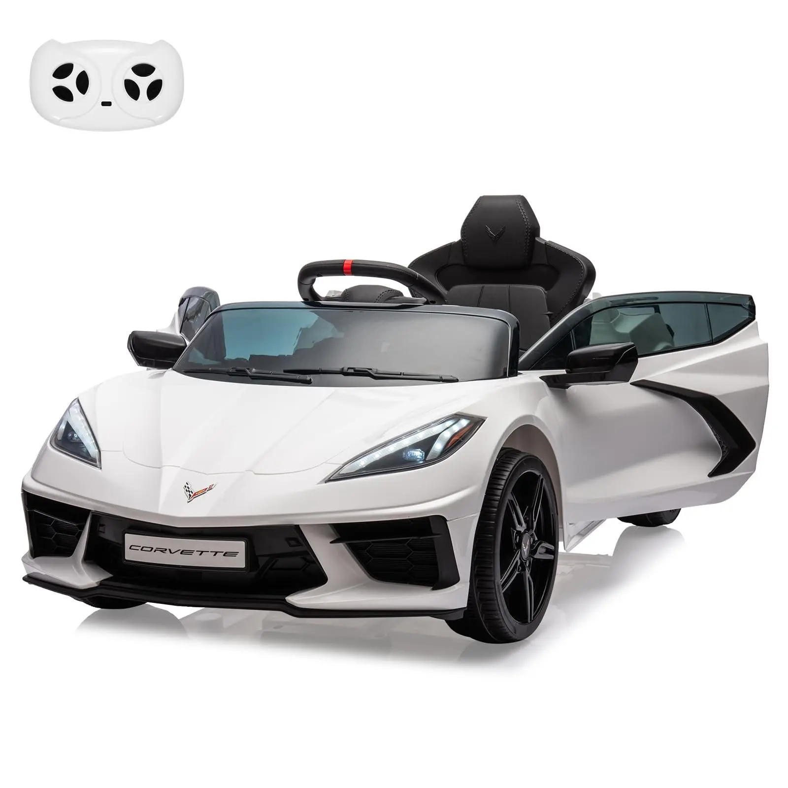 Ride-on sports car powered by a 12V battery for kids, electric toy car with remote control, visual dashboard, music, LED lights, gifts for boys and girls, white