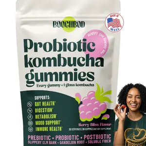 BoochBod Probiotic Kombucha Gummies - Berry Flavored Supplement for Digestive Health & Gut Balance - Daily Dietary Vitamin with Prebiotics, Probiotics, Postbiotics, Slippery Elm, Dandelion Root, MCT Oil, for Bloating, Gut Health