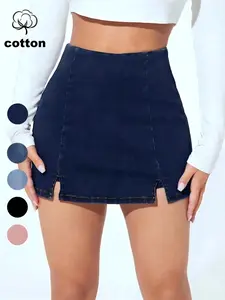 Petite High Waist Split Slit Denim Skirt, Slim Fit Half-Sleeve Dress, Fashionable Solid Pattern Design, Perfect for Petite Women