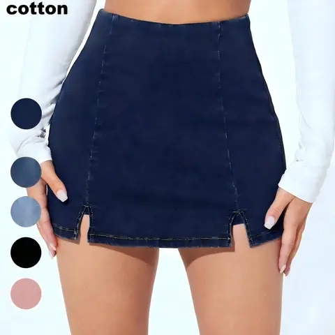 Fashionable Basic Solid High Waist Slim Fit Bodycon Split Slit Denim Skirt for Petite Women