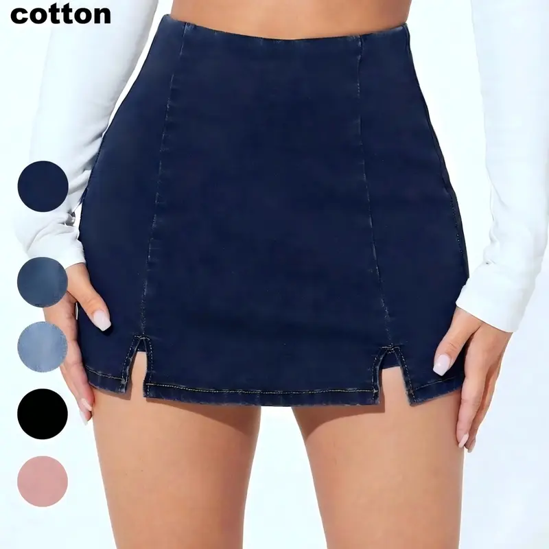 Fashionable Basic Solid High Waist Slim Fit Bodycon Split Slit Denim Skirt for Petite Women
