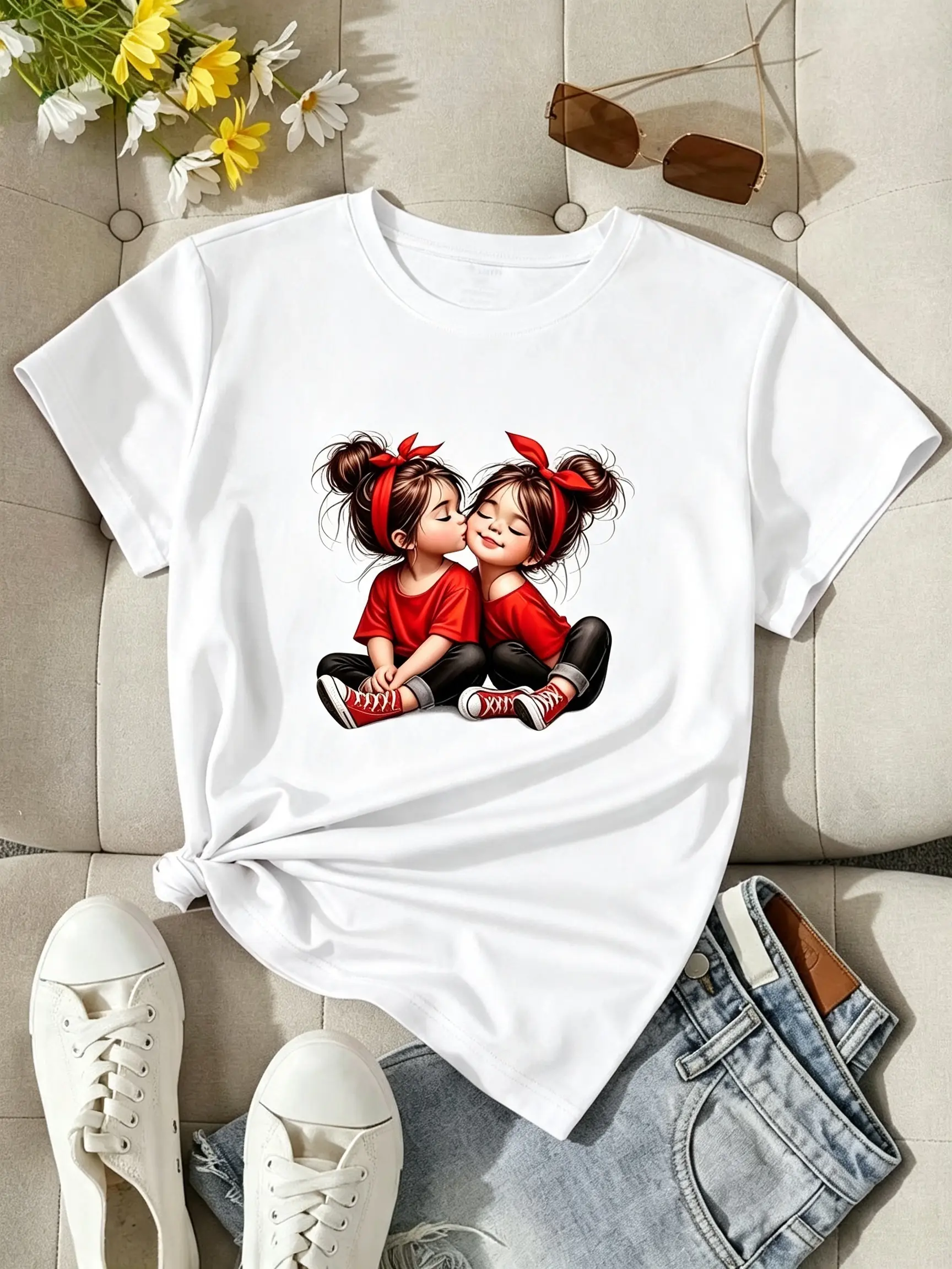 Women's Fitted Crew Neck Shortsleeve Everyday Top - Cute Cartoon Graphic Twin Girls With Red Bows, High Buns, Cold/Machine Washable, Cute Casual Tops Piece Style