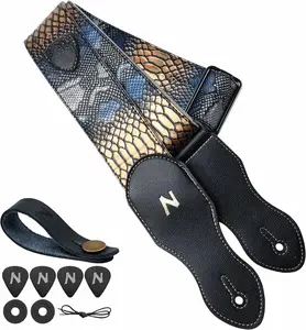 Guitar Strap with Pick Pocket, 2.3 inch Leather Carving Guitar Straps with Vegan Leather Ends,60s  StyleSnakeskin-2