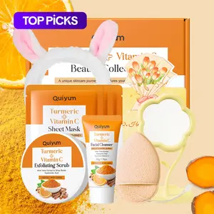 Qiuyum Turmeric Cleansing Set, Turmeric Facial Wash 50g + Scrub 100g + Masks 75g X3 + Pads + Headband + Mirror + Card + Gift Box，Deep Cleansing Skin Care Kit, Hydrating Soothing, Best Gift