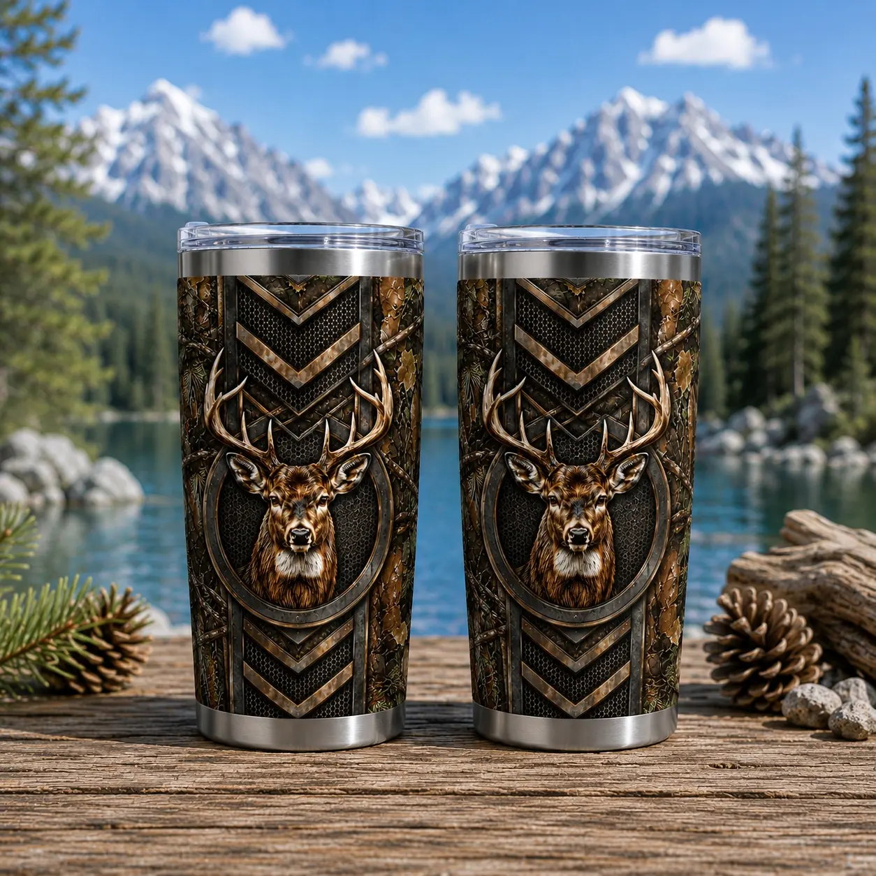 3D Deer Hunting Stainless Steel Tumbler, Wildlife Wilderness Travel Mug, Outdoor Lover Gift For Hunters