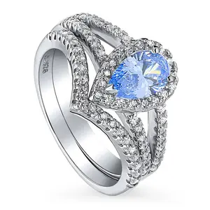 BERRICLE Sterling Silver Halo Wishbone Engagement Promise Rings Statement Stackable Band Split Shank Ring Set for Her, Blue Pear Cut Cubic Zirconia CZ