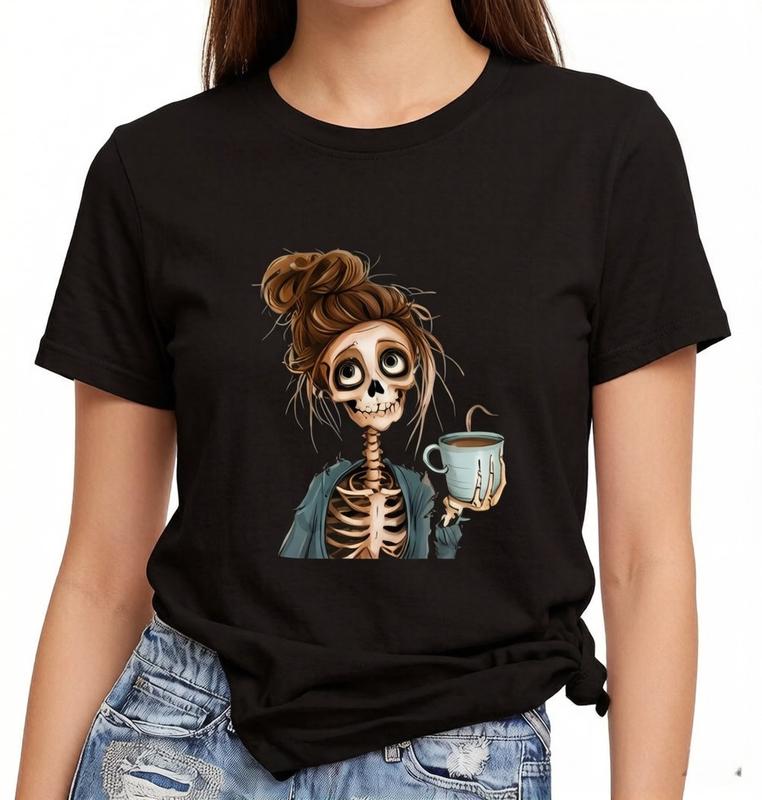 Women's Casual 100% Cotton Oversized Crew Neck Short Sleeve Printed Graphic Top - Skeleton Coffee Print, Comfortable Breathable Fabric, Streetwear for Daily Day Wear, Beach Pairing with Pants
