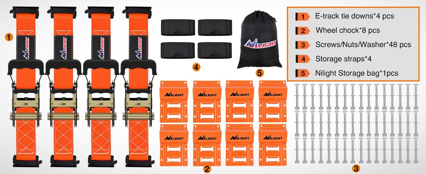 Nilight Wheel Chock Tie Down Kit with 4Pcs-8Pcs E-Track Ratchet System Straps (4500lb Break Strength) for ATV/UTV/SXS, Lawn Mower Trailer Tire Securing, Orange Automotive Exterior Accessory Nilight Wheel Chock Tie Down Kit with 4Pcs-8Pcs E-Track Ratchet System Straps (4500lb Break Strength) for ATV/UTV/SXS, Lawn Mower Trailer Tire Securing, Orange Automotive Exterior Accessory
