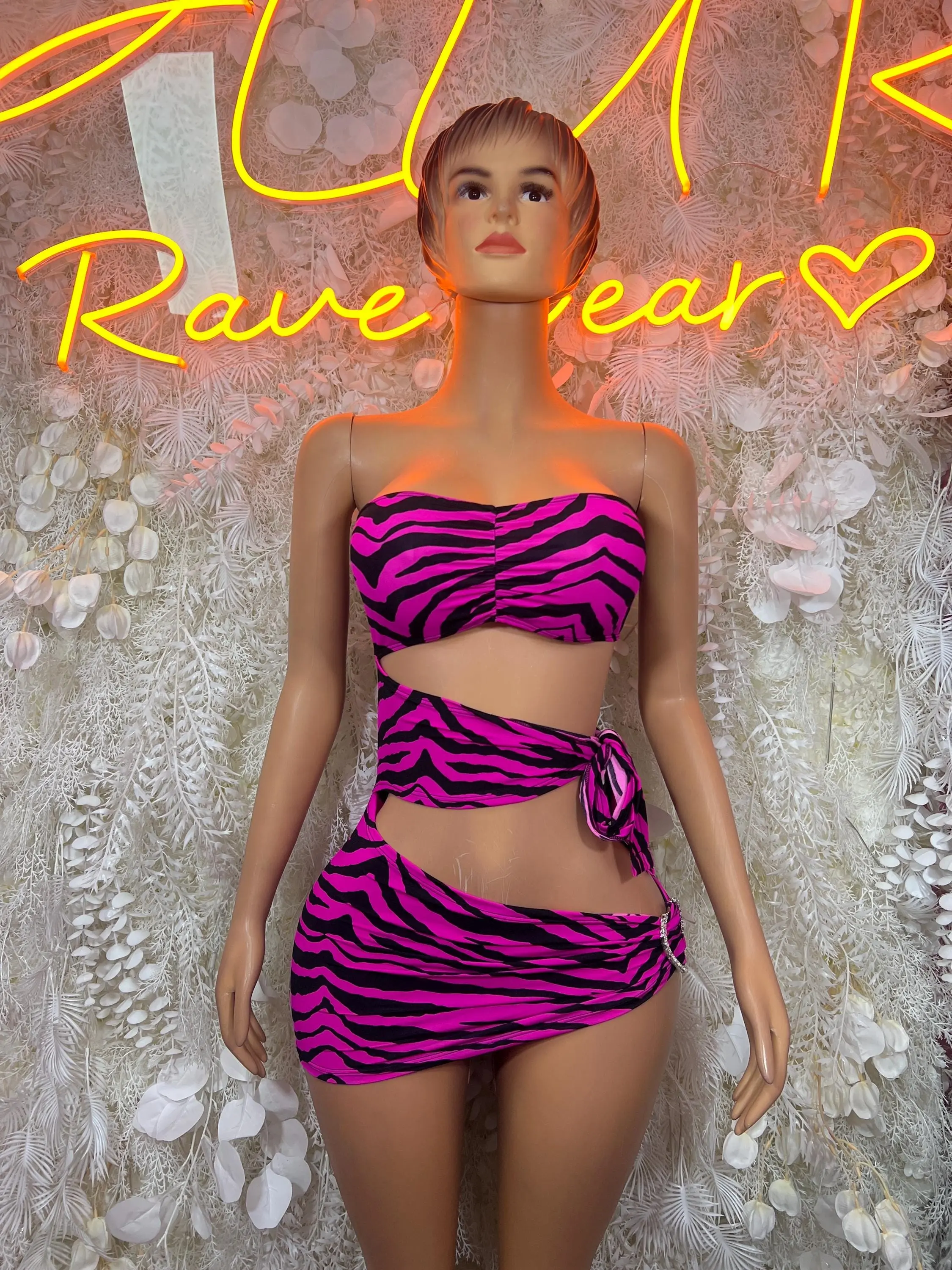 Hot Pink Zebra Print 2 Piece Rave Set – Bandeau Top, Side Tie Mini Skirt