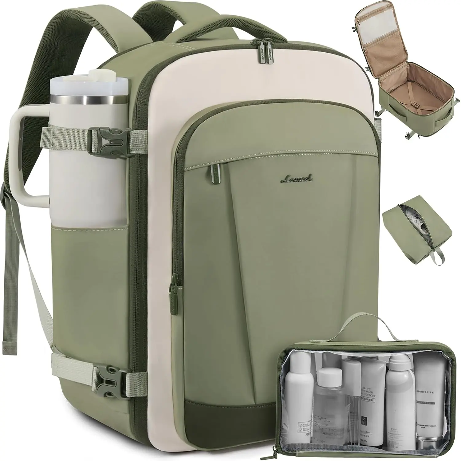 LOVEVOOK 40L Travel Backpack for Women & Men, Airline Approved Carry On Backpack, TSA Personal Item Bag fits 17.3 Inch Laptop, Waterproof Weekender Overnight Bags Suitcase for Work, Light Green