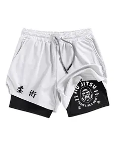 Men's JIU JITSU Letter Print 2-in-1 Combat Shorts, Summer Quick Dry Sporty Workout Running Shorts, Gym Performance Shorts with Phone Pocket Zipper Pocket Towel Loop, Drawstring Sports Shorts