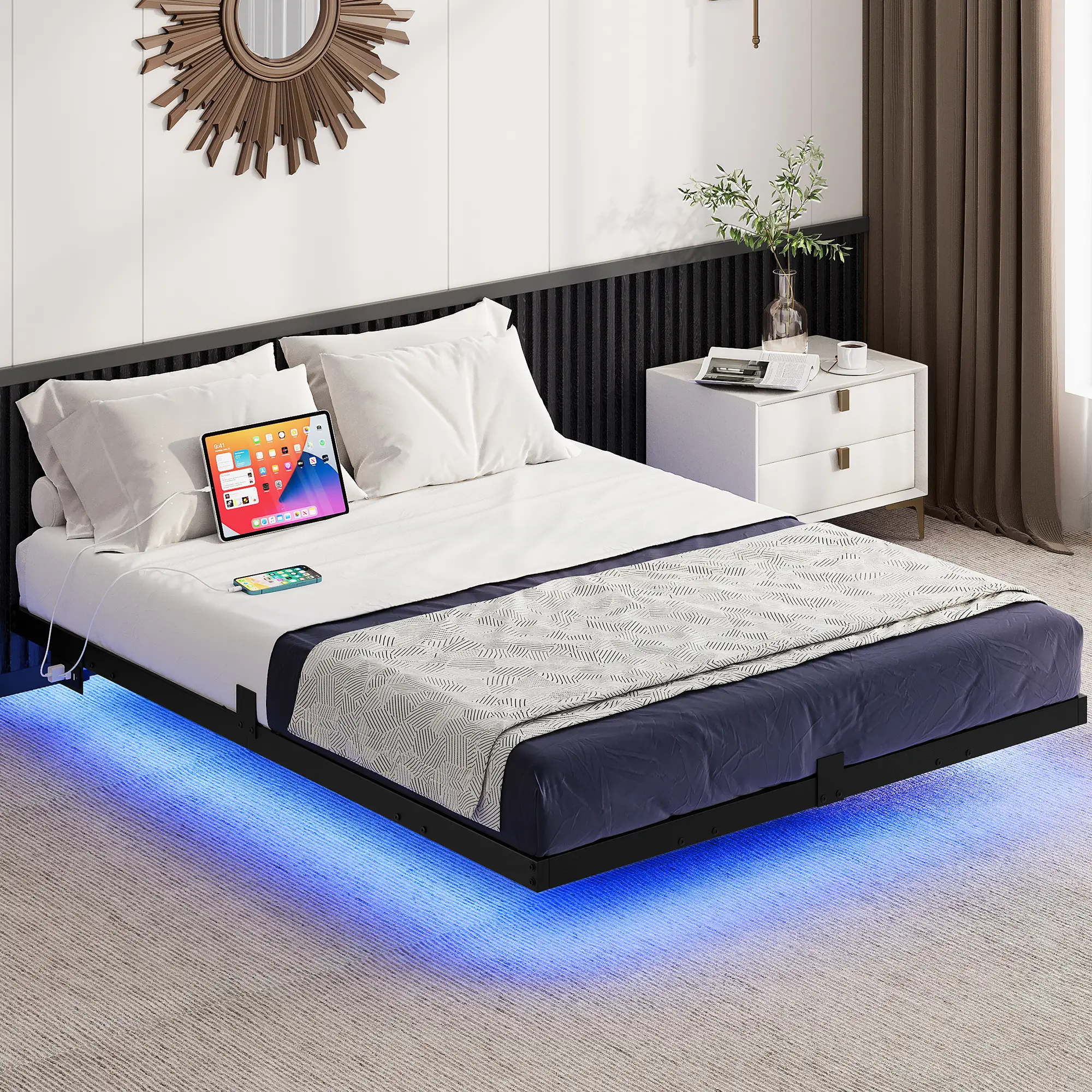 Yitahome Floating Bed Frame Full/Queen/King Size, LED Bed Frame with Charging Station, Metal Platform Full Bed with Heavy Duty Steel Slats Supports, N