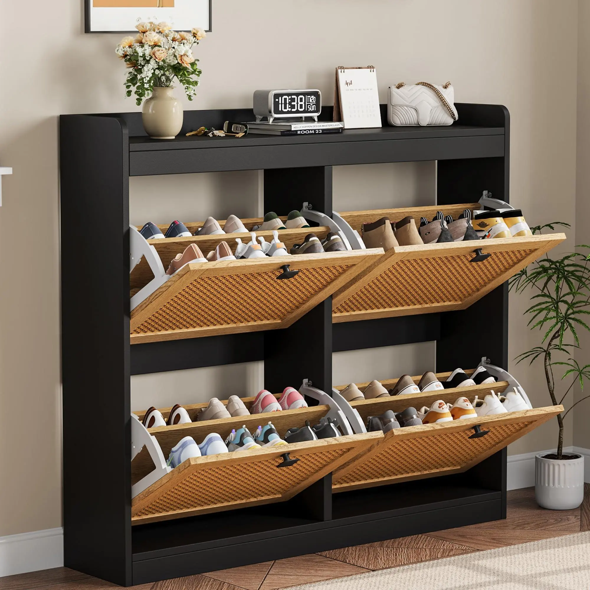 Shoe Cabinet Rattan with 4 Flip Drawers,Wooden Freestanding Shoe Organizer with Adjustable Shelves, Shoe Storage for Entryway,Closet, Hallway,Black