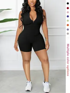 M3133 Solid Color Sleeveless Zipper Deep V Ribbed Bodysuit, Slim Fit Trendy Jumpsuit for Street Style, Perfect for Hot Girls Daily Wear