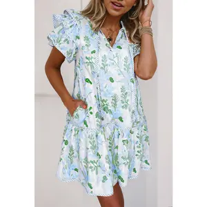 Sky Blue Floral Contrast Edge Ruffle Sleeve Tie Neck Mini Dress