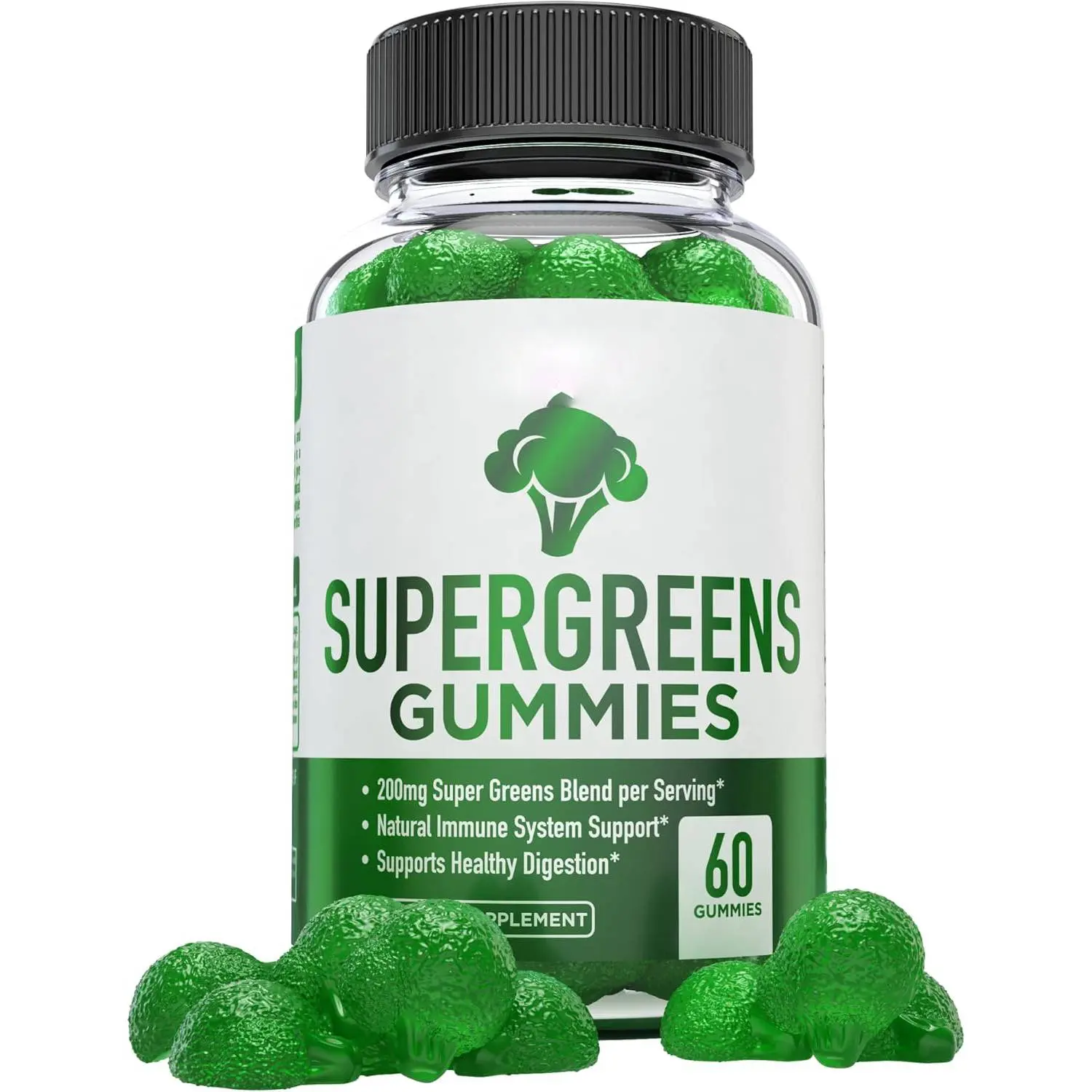 Supergreens Gummies - Daily Green Superfoods Supplement with Spinach, Broccoli, Moringa, Beet Root, Celery, Green Tea, & Acai for Immunity Support - Natural Raspberry Flavor, 60 cnt